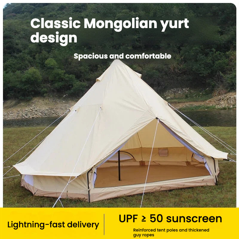 Large Pyramid Yurt Tent | 5-8 Person Family Glamping Shelter | 250cm Center Height Steel Pole | PU10000mm Waterproof & UPF50+ | Cotton-Blend Double Layer