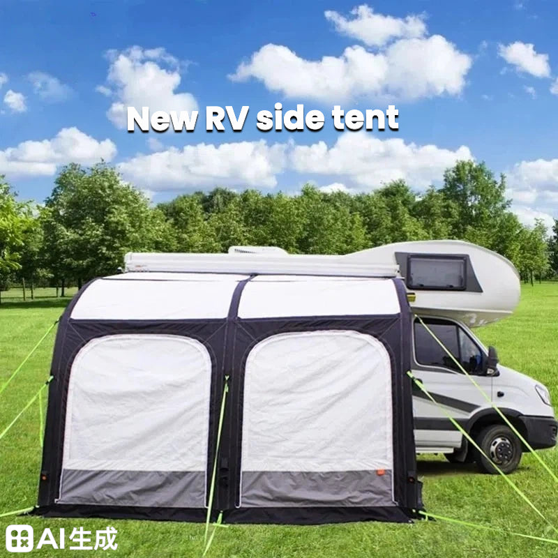 Towable RV tent with side-mounted awning/sunshade; outdoor camping, rainproof, thickened, quick-setup inflatable tent.