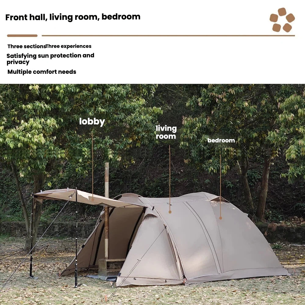 Winter camping tent, snow camping tent, cold-proof outdoor folding portable rainproof flame-retardant large space tunnel tent with rear chamber