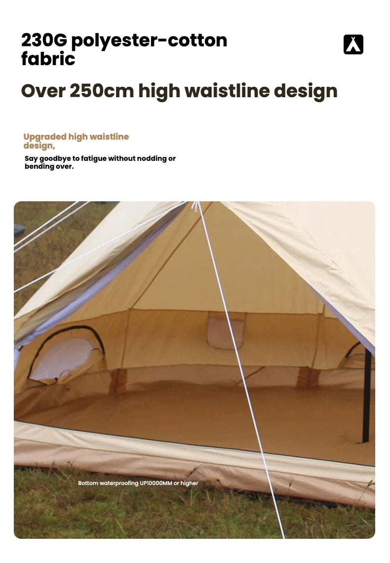 Large Pyramid Yurt Tent | 5-8 Person Family Glamping Shelter | 250cm Center Height Steel Pole | PU10000mm Waterproof & UPF50+ | Cotton-Blend Double Layer
