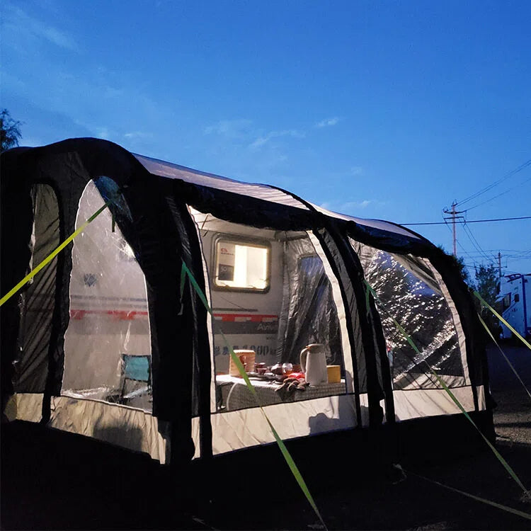 Towable RV tent with side-mounted awning/sunshade; outdoor camping, rainproof, thickened, quick-setup inflatable tent.