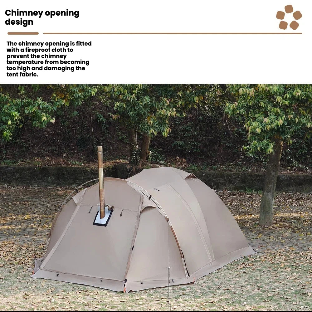 Winter camping tent, snow camping tent, cold-proof outdoor folding portable rainproof flame-retardant large space tunnel tent with rear chamber
