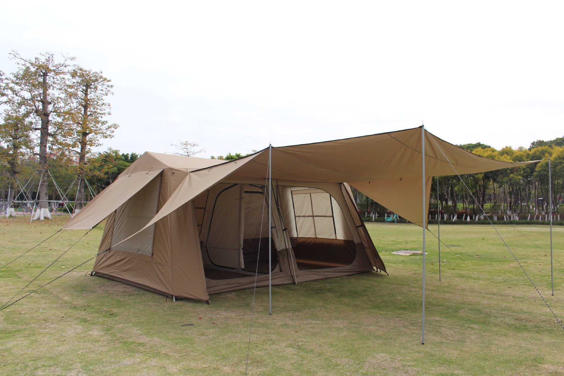 Ridge Tent 4-Season Camping Tent | 2-Room 1-Living Room Outdoor Tent | Large Door & Wing Awning | Multi-Person Black Coating Anti-Rain & UV Protection | Iron Pole | 5000mm Waterproof