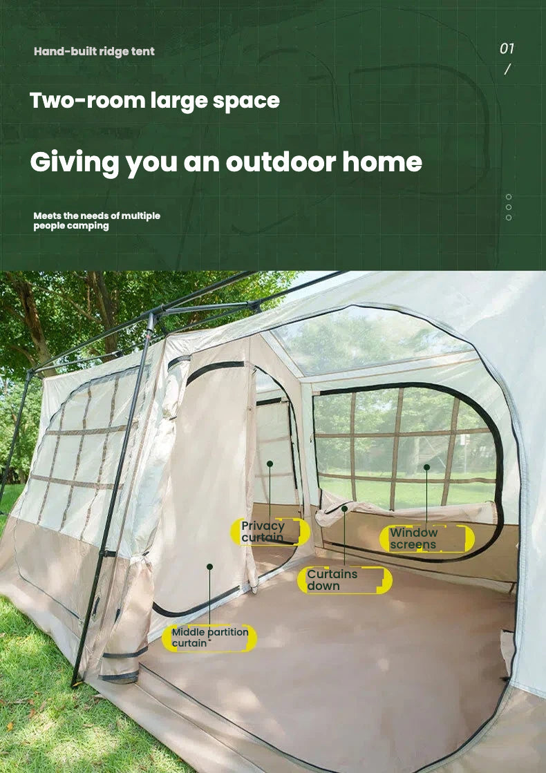 Ridge Tent 4-Season Camping Tent | 2-Room 1-Living Room Outdoor Tent | Large Door & Wing Awning | Multi-Person Black Coating Anti-Rain & UV Protection | Iron Pole | 5000mm Waterproof