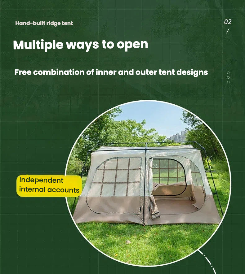 Ridge Tent 4-Season Camping Tent | 2-Room 1-Living Room Outdoor Tent | Large Door & Wing Awning | Multi-Person Black Coating Anti-Rain & UV Protection | Iron Pole | 5000mm Waterproof