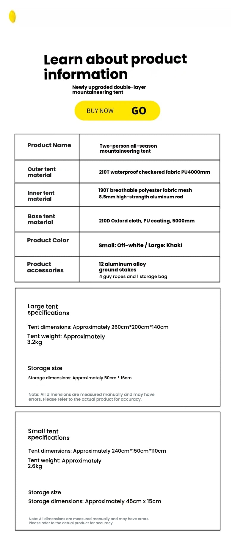 Lightweight Aluminum 4-Season Hiking Tent | Professional Weather-Resistant Camping Tent | 210D Reinforced Oxford Fabric | 5000mm Waterproof | 3.2kg Pack Weight