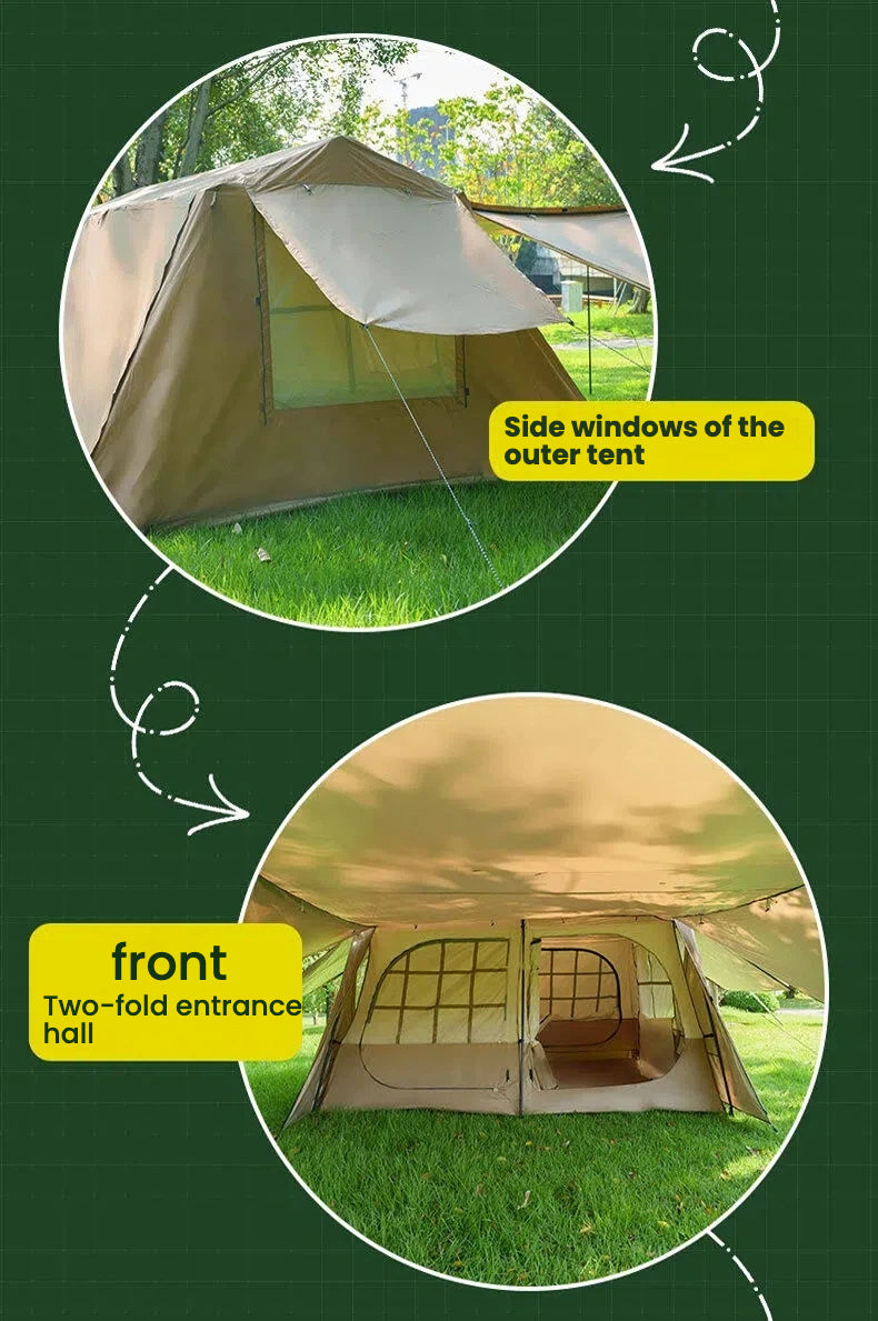 Ridge Tent 4-Season Camping Tent | 2-Room 1-Living Room Outdoor Tent | Large Door & Wing Awning | Multi-Person Black Coating Anti-Rain & UV Protection | Iron Pole | 5000mm Waterproof
