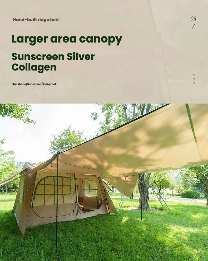 Ridge Tent 4-Season Camping Tent | 2-Room 1-Living Room Outdoor Tent | Large Door & Wing Awning | Multi-Person Black Coating Anti-Rain & UV Protection | Iron Pole | 5000mm Waterproof