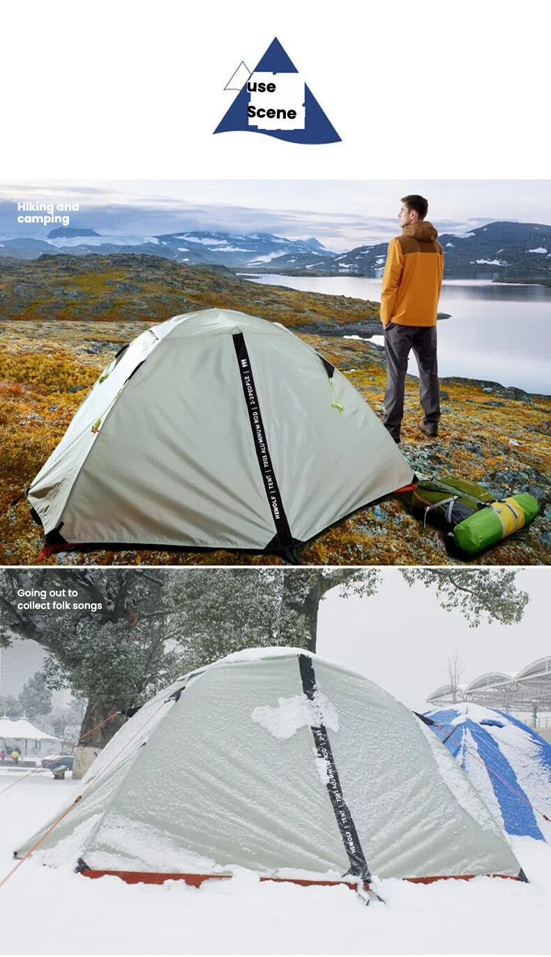 Double-layer all-season tent for 2-3 people, suitable for hiking and trekking, rainproof.