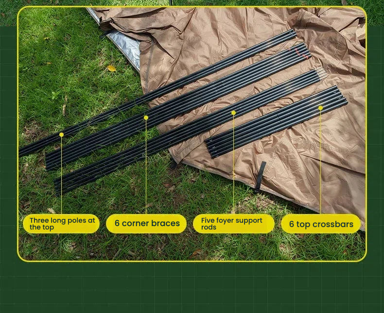 Ridge Tent 4-Season Camping Tent | 2-Room 1-Living Room Outdoor Tent | Large Door & Wing Awning | Multi-Person Black Coating Anti-Rain & UV Protection | Iron Pole | 5000mm Waterproof