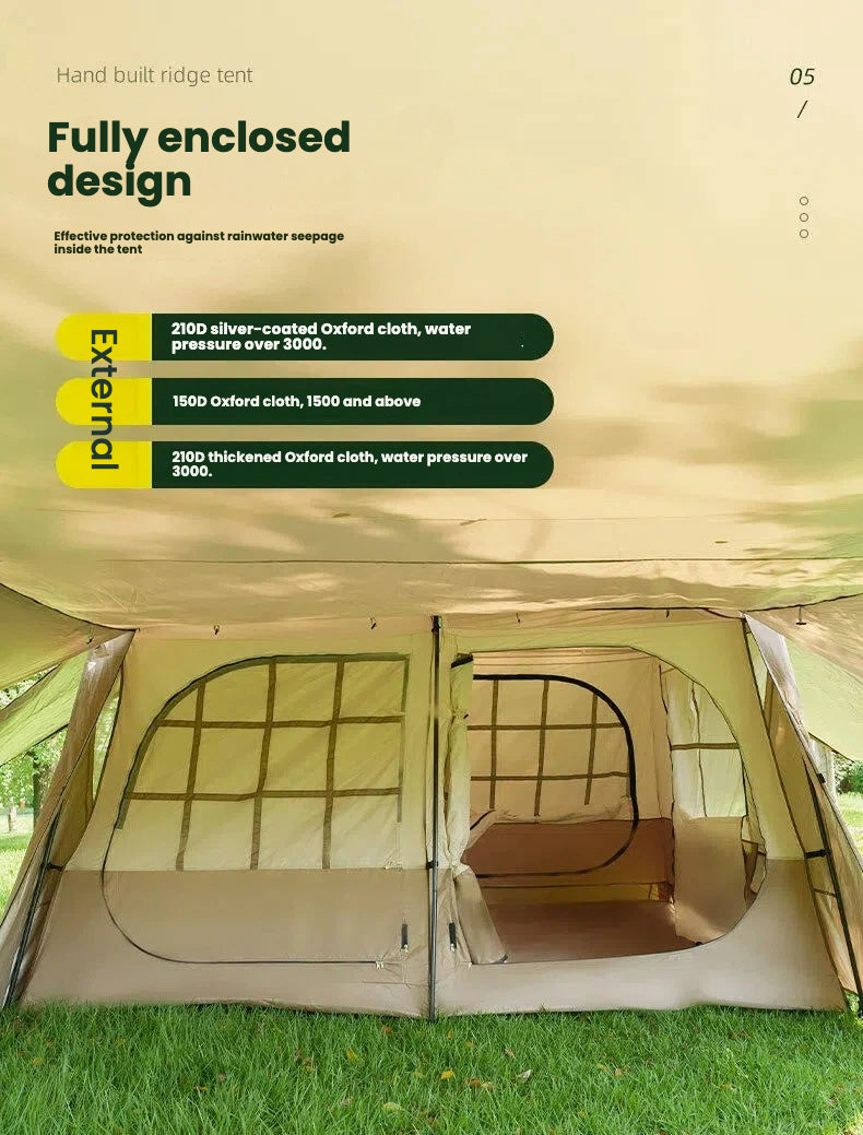 Ridge Tent 4-Season Camping Tent | 2-Room 1-Living Room Outdoor Tent | Large Door & Wing Awning | Multi-Person Black Coating Anti-Rain & UV Protection | Iron Pole | 5000mm Waterproof