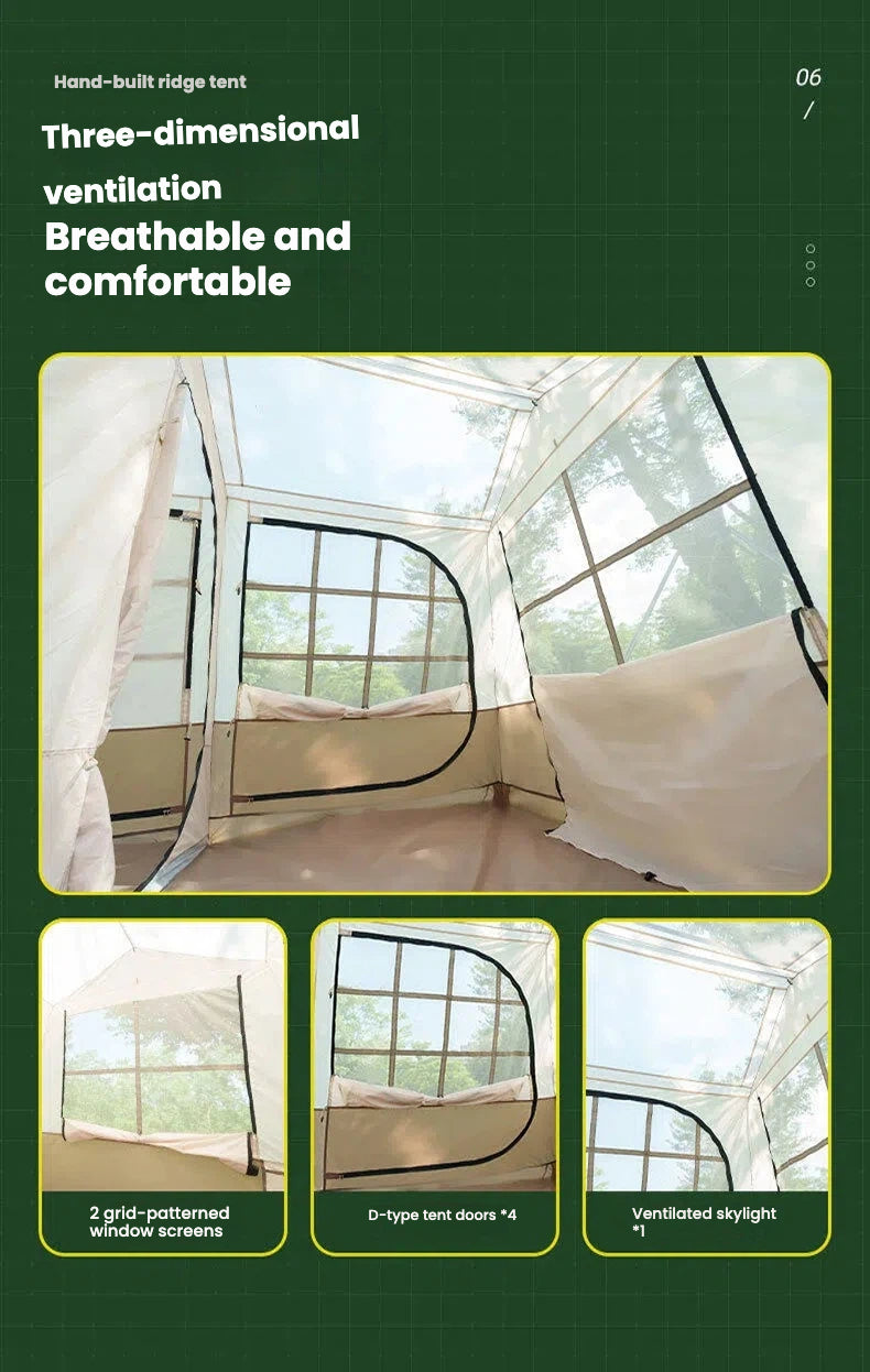 Ridge Tent 4-Season Camping Tent | 2-Room 1-Living Room Outdoor Tent | Large Door & Wing Awning | Multi-Person Black Coating Anti-Rain & UV Protection | Iron Pole | 5000mm Waterproof