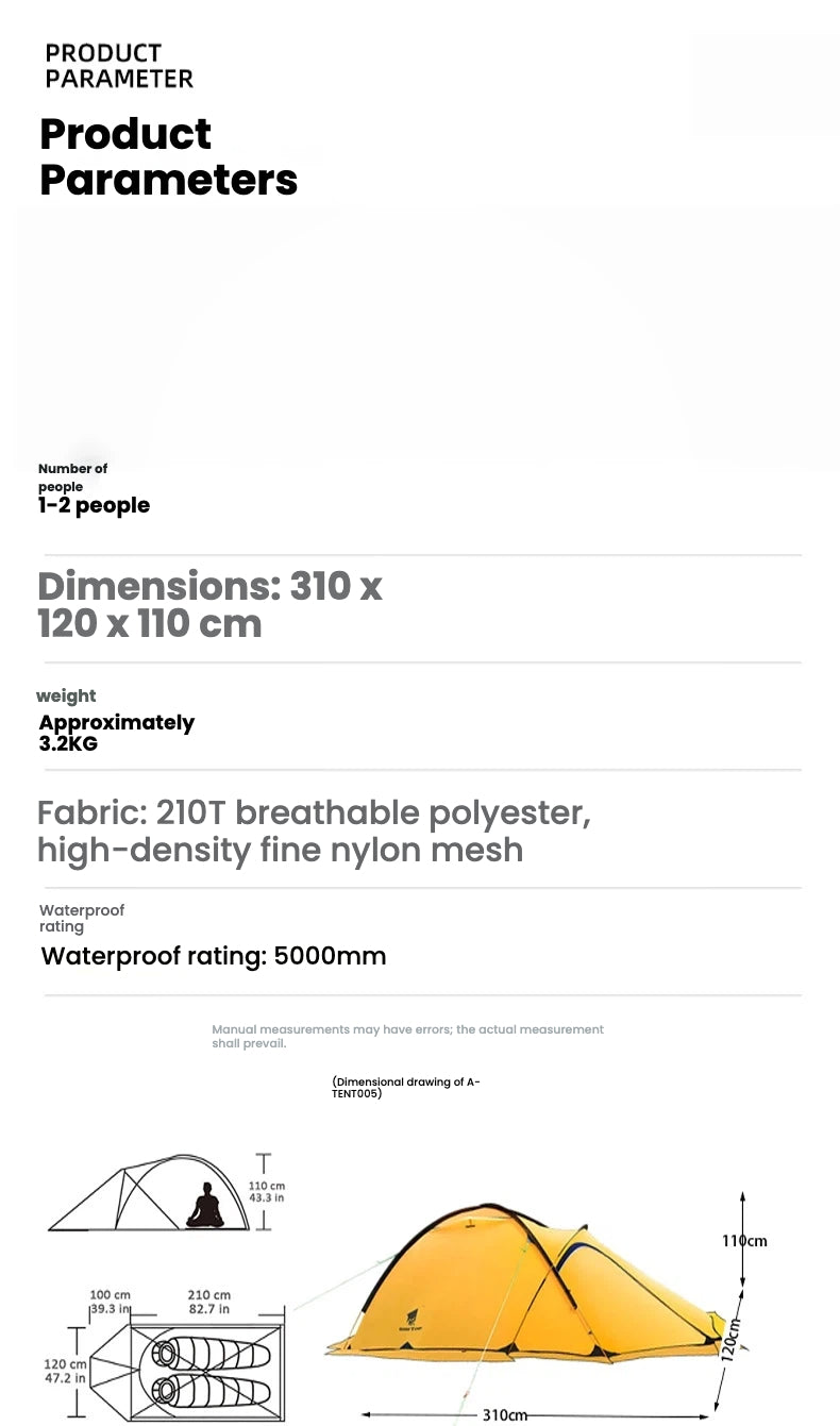 Lightweight Double Layer Hiking Tent | 210D Oxford & Nylon Mesh | 5000mm Waterproof Aluminum Pole | 3.5kg 1-2 Person Backpacking Tent