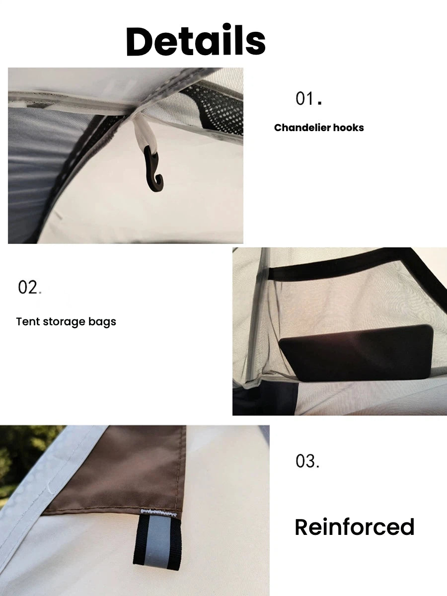 2-3 person all-season tent, aluminum alloy poles, suitable for heavy rain and snow.