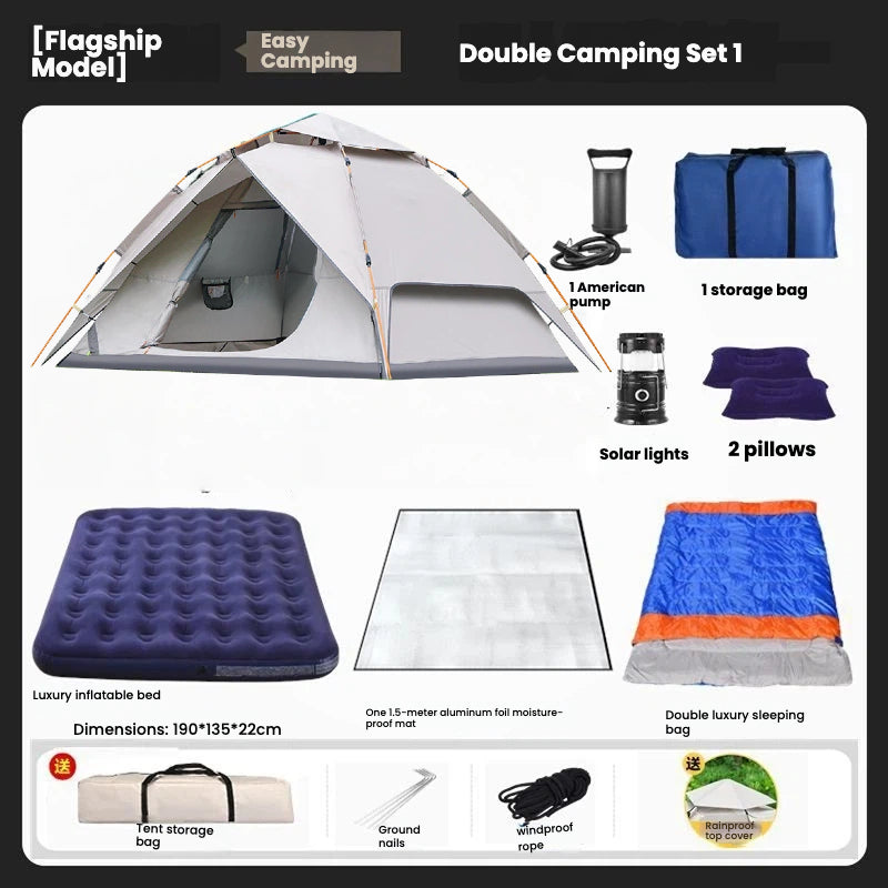 Outdoor camping tent and equipment set, portable folding wilderness gear, automatic thickened waterproof and sunproof tent set.