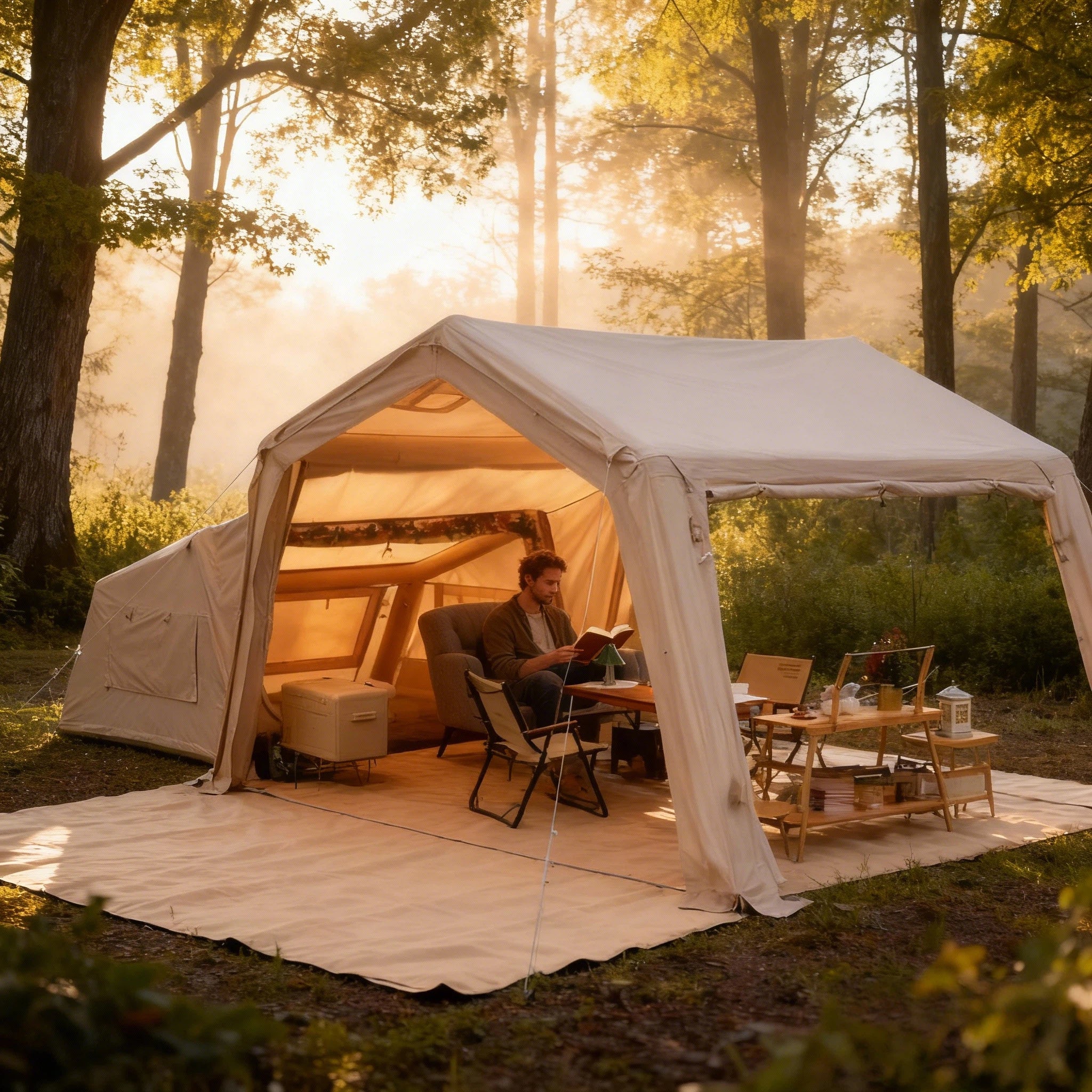 5-8 Person 1-Room 1-Living Room Inflatable Tent | Quick Auto-Setup Family Camping Tent | PU10000mm Waterproof & UPF50+ Sun Protection | Poly-Cotton Double Layer